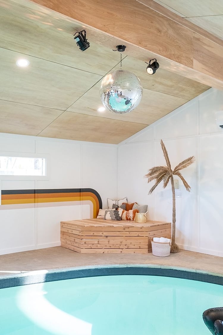 70's style retro pool house design featured on HGTV's Fixer to Fabulous